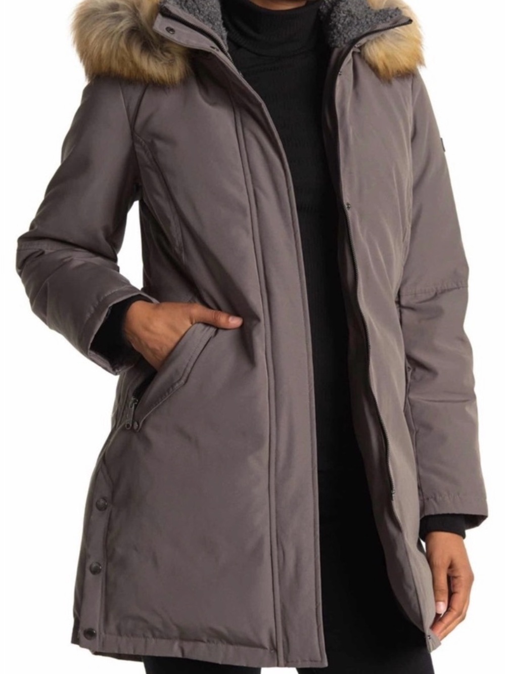 Sam Edelman Faux Fur Trim Down Parka Gray Hooded Coat M